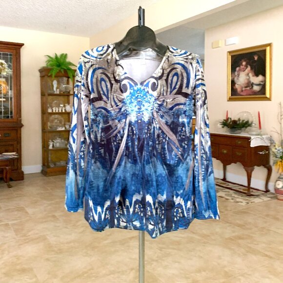 NWOT Style & Co Teal Blue Poly Velveteen Print Top size Medium - 49.00 - Picture 1 of 7